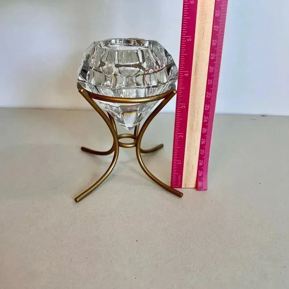 Vintage PartyLite Clear Heavy Glass Tealight Candle Holder Diamond on Gold Stand